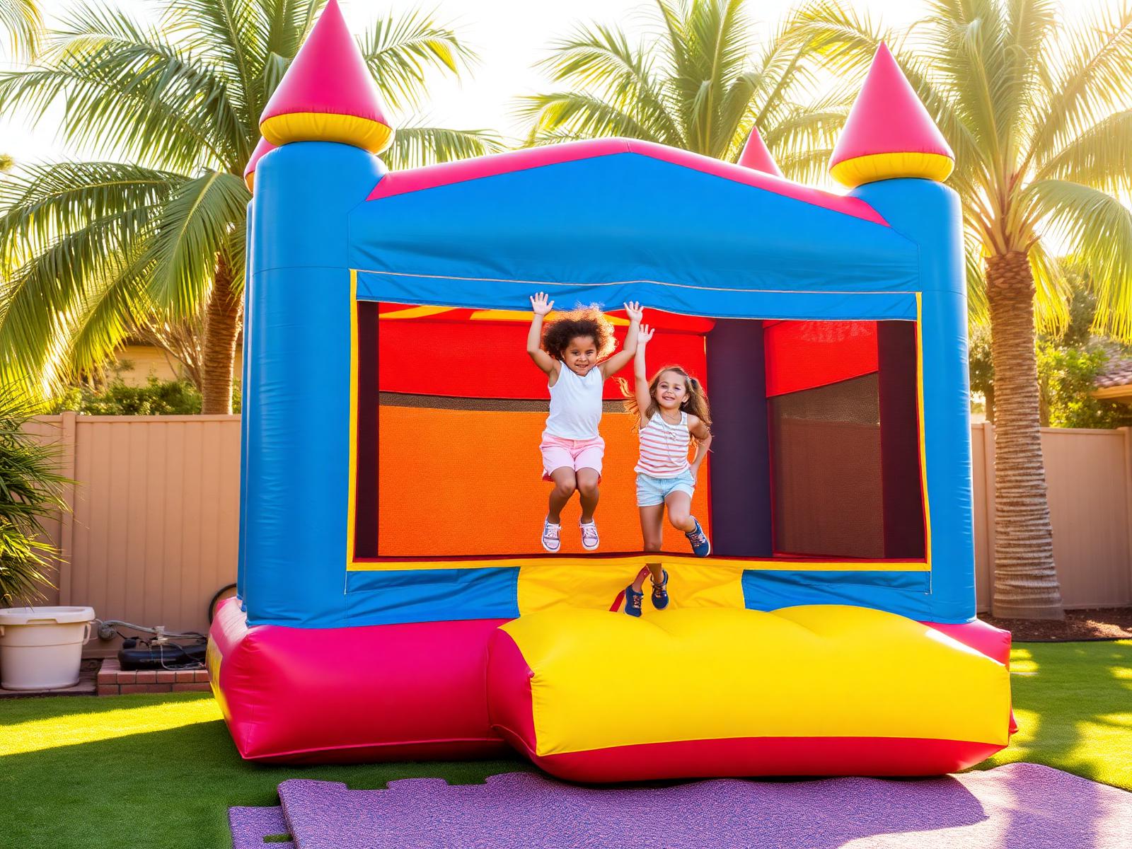 Kids jumping in a colorful bounce house at a San Diego birthday party